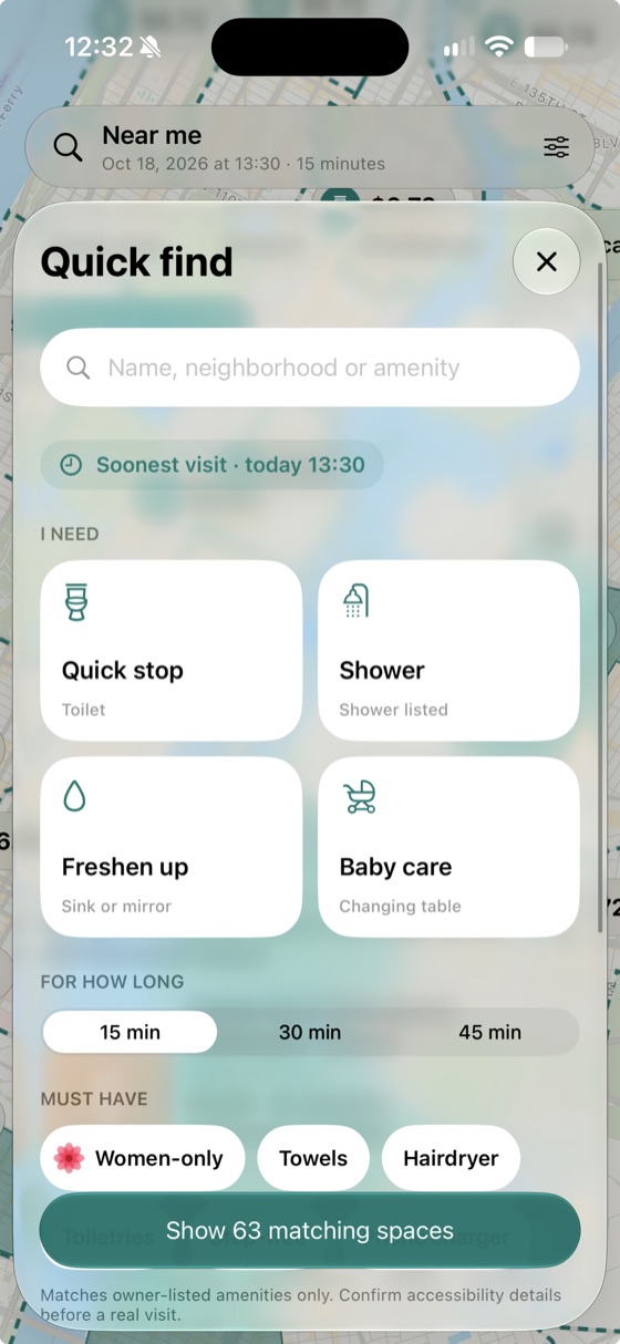 The RFresh Quick find sheet. Choose what you need (Quick stop, Shower, Freshen up or Baby care), how long (15, 30 or 45 min), and must-haves like Women-only, Towels and Hairdryer.